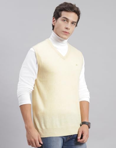 Image of Monte Carlo Off White Solid V Neck Sweater | Warm Woolen Pullover for Men | Soft Comfortable Knitted Winter Wear Sweater for Men's