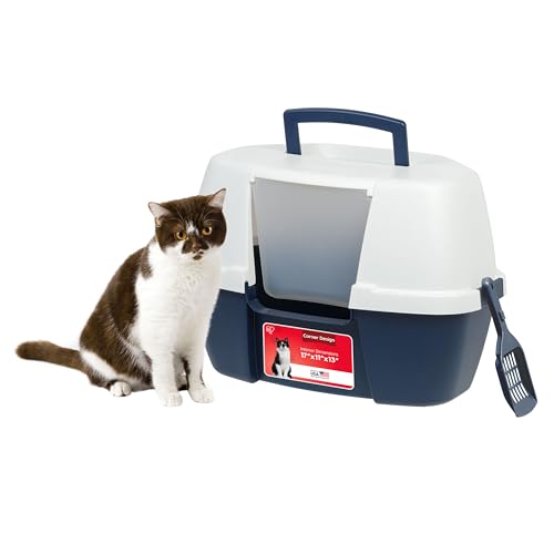 IRIS USA Corner Cat Litter Box - Enclosed Corner Litter Box with Scoop, Hooded Litter Tray for Corners, Space-Saving Covered Litter Box, Odor Defensive, Navy/White