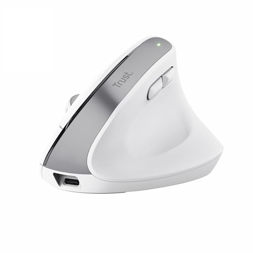 Trust Bayo+ Ratón Vertical Inalámbrico Bluetooth + RF 2.4GHz, Ridurre la Tensione del Braccio e del Polso, 53% Plástico Reciclado, Ratón Ergonómico Recargable PC Portátil Mac - Blanco