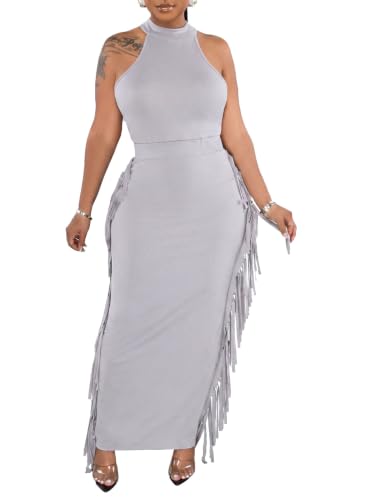 Image of 2 Piece Outfits for Women Sexy Halter Neck Sleeveless Crop Tops Ruched Bodycon Dresses Jumpsuits Fringe Skirt Sets