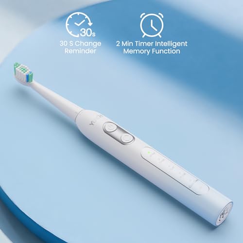YUNCHI C2 Elektrische Zahnbürste mit 40000 VPM, Schallzahnbürste für Erwachsene, USB-C Ladung, 55 Tage Akkulaufzeit, 5 Putzmodi, 2-Min-Timer, 8 Bürstenköpfen, Reiseetui, Hellblau - Weiß Verlauf – Bild 8