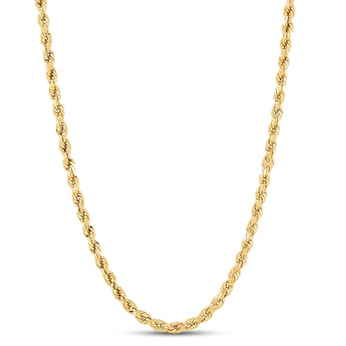 Italian 14K Solid Yellow Gold Rope Chain Necklace for Men & Women Radiant Diamond Cut with Lobster Claw Clasp 14K Real Gold Jewelry (1.5mm, 2mm, 2.3mm, 2.5mm, 3mm, 3.5mm, 4mm)