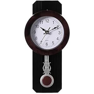 Traditional Black Round Wood- Looking Pendulum Plastic Wall Clock for Living Room, Kitchen, or Dining Room
