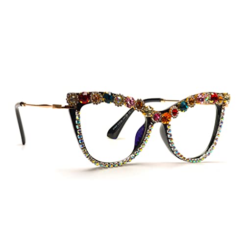 Image of Cat Eye Bling Colorful Rhinestone Reading Glasses For Women Blue Light Blocking Computer Eyewear (A diamond, 3.0)