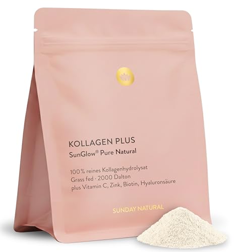 SUNDAY NATURAL Kollagen Pulver SunGlow Plus 457g Premium Collagen Pulver mit Hyaluron Vitamin C Biotin & Zink Bioaktives Kollagen Hydrolysat Hergestellt aus Kollagen Typ 1 & 3 Neutral