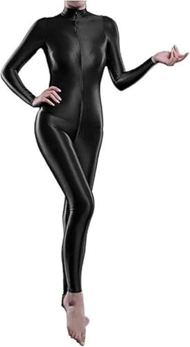 Yaaapiy Damen Glänzend Overalls Ganzkörper Anzug Body Einteiler Bodysuit Jumpsuit Glossy Glatt Strupmhose Leggings Unterwäsche Langarm mit Reißverschluss (schwarz, M)