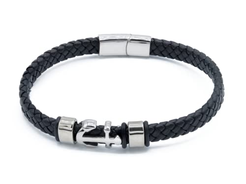 Du Sablon - Bracelet Homme Ancre de Bateau en Cuir Tressé Noir et Acier Inoxydable Argenté | Élégant, Léger et Nautique avec Fermoir Tiroir