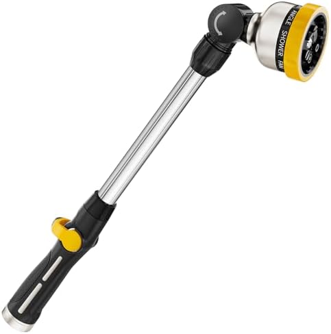 FANHAO Metal Watering Wand, Heavy Duty Garden Hose Wand with 9 Spray Patterns, 16-Inch Long Garden Hose Nozzle Sprayer with Thumb Flow Control, Ideal to Water Hanging Baskets and Shrubs -Yellow