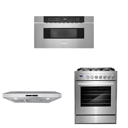 COSMO 3-Piece Kitchen Appliance Packages, 30" Microwave Drawer No Handle, 30" Under Cabinet Range Hood and 30" Gas Range with 5 Burner Cooktop