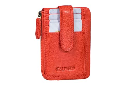 Image of Calfnero Genuine Leather Card Holder & Key Case for Men & Women | Slim Wallet with Zipper Pocket, Card Slots & Key Chain | Compact Travel Organizer (Light Red)