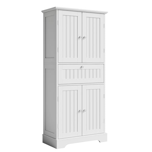 ChooChoo 51' H Tall Bathroom Floor Cabinet, Modern Bathroom Storage Cabinet with Drawer and Adjustable Shelves, Freestanding Kitchen Pantry Cupboard with 4 Doors for Living Room, White
