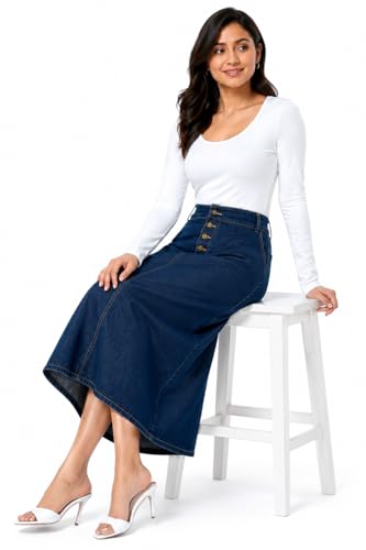 Image of Navy Blue Plus Size Buttoned A-Line Maxi Denim Women Skirt