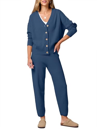 Image of ANRABESS Women 2 Piece Lounge Sets 2025 Fall Outfits Casual Waffle Knit Cardigan Sweater Pant Set Travel Airport Clothes