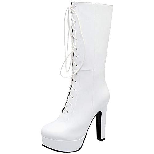 Lydee Damen Mode Block High Heels Mit Stiefel Reißverschluss Half Stiefel Plateau Party Shoes Heels Herbst Stiefel White Gr 38 Cover