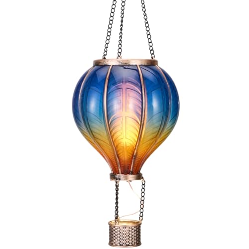 TERESAS COLLECTIONS Hot Air Balloon Lantern for Garden Decor Flickering Flame Hanging Light for Outdoor Blue & Yellow Plastic Lamp for Yard Tree Gift for Mom