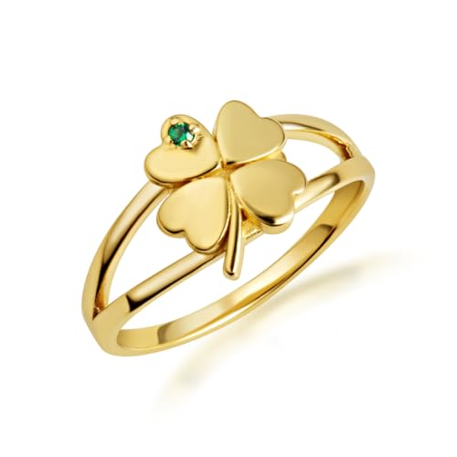 Claddagh Gold 10K &14K Lucky 4 Leaf Clover Emerald Gemstone Ring Available In Yellow/Rose/White with Multiple Ring Size