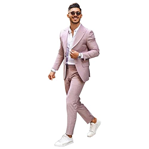 Mens Pink Peak Lapel Two Button Blazer Casual Groom Prom Tuxedo Wedding 2 Pieces Suit Set