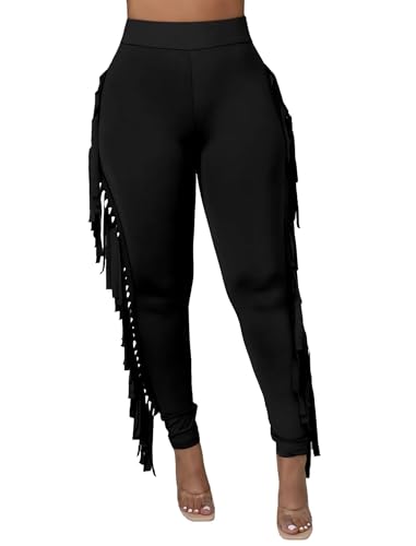 Mintsnow Women's High Waist Fringe Pants Casual Solid Color Side Tassel Pants Casual Bodycon Yoga Long Sweatpants Black L