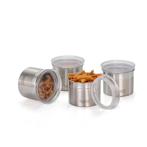 Image of Sumeet ISI Certified Stainless Steel Small Canisters /Dabba /Storage Containers for Kitchen with See Through Air Tight Lid - Set of 4 Pcs - 550ml, 10cm Dia, Silver