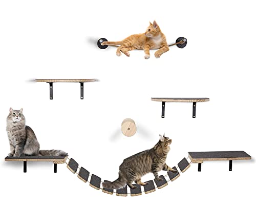 Katzenwandmöbel,Kletterset für Katzen mit: Katzenbrücke, Katzenhängematte, Katzenschweberegale, Katzenstufen und Kratzbaum, inkl. Befestigungsmaterial,Katzenregale und Sitzstangen für Wand (5 Stück) Cover