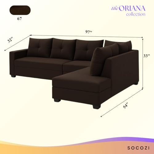 Image of SOCOZI Oriana 6 Seater RHS L Shape Sofa Set | Soft Velvet Suede Fabric | Modern Design | Plush Comfort Cushions for Living Room (Dark Brown)