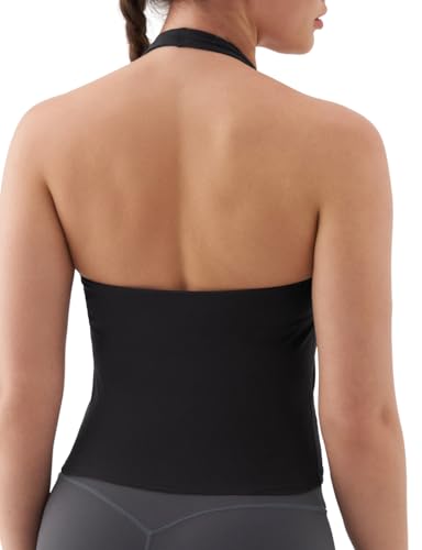 K-Swiss Halter Crop Tops for Women - Open Back Padded Longline Sports Bras Workout Gym Yoga Top Black M