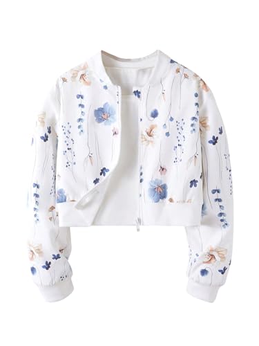 Verdusa Girl's Bomber Jacket Boho Floral Print Jacket Zip Up Long Sleeve Collar Jackets