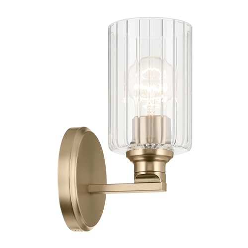 Image of Kichler Gioe 5 inch 1-Light Wall Sconce Bathroom Vanity Light with Clear Fluted Glass in Champagne Bronze, Damp Rated for Powder Room, Kitchen, Hallway, Bedroom (5 inch W x 9.5 inch H), 55224CPZFLU
