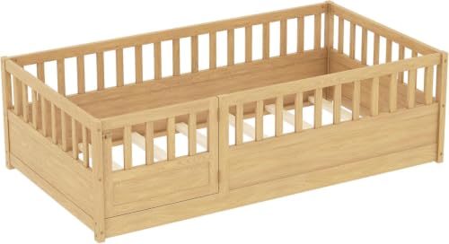 Image of Bellemave Twin Kids Montessori Floor Bed Frame with Slats,Natural