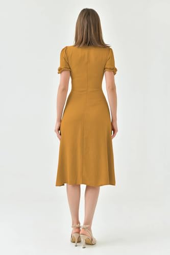 Image of Shasmi Girl's & Women's Solid Midi Dress - Elegant Square Neck Button-Down Dress with Puff Short Sleeves | Stylish Casual & Party & Office Wear Outfit (Dress 105)