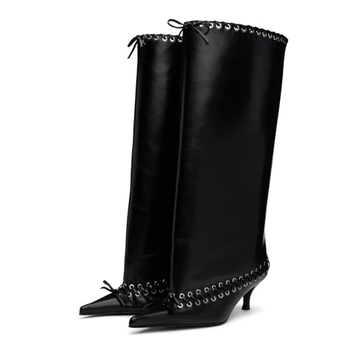 Goolita Metal Eyelets Pointed Toe Wide Calf Knee High Boots For Women Kitten Heel Lace Up Bow Pull On Tall Boots - Main Image