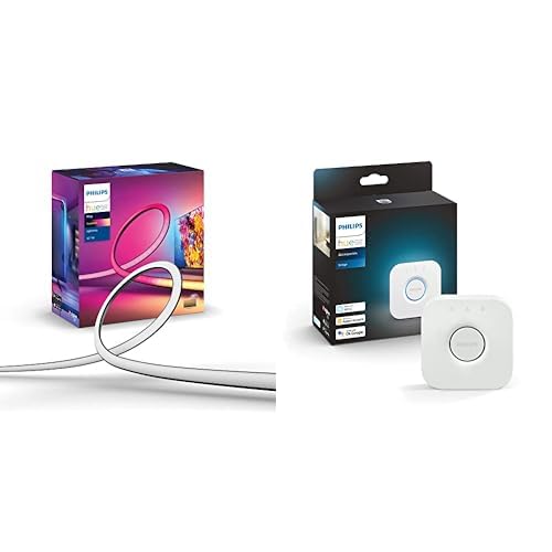 Philips Hue - Tira de led inteligente, Hue Play Gradient, Luz blanca y de colores, 65 Pulgadas & Centro de control Sistema Hue Hue Bridge, controla hasta 50 dispositivos en oferta en Amazon