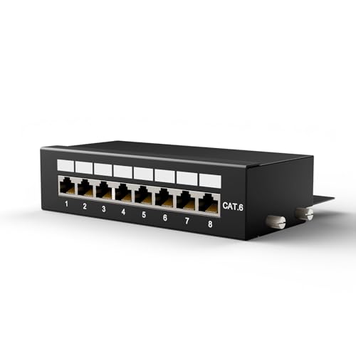 8 Port CAT6 Patchpanel Verteilerfeld 1Gbps/250MHz Vergoldete Patch Panel für Cat6/5E/5 Verlegekabel Metallgehäuse mit Erdung für Wandmontage und Heimvernetzung