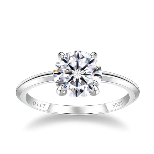 1 CT 2CT Moissanite Enagaement Ring for Women, White Gold Plated 925 Sterling Silver Moissanite Rings, Promise Rings Wedding Band Rings for Women Size 5-10