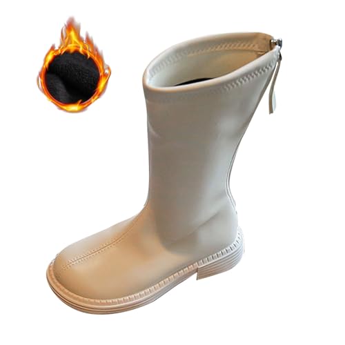 Boys Girls Fleece-Lined Leather Boots Soft Waterproof Winter Outdoor Warm Knee High Boots Kids Back Zipper Shoes