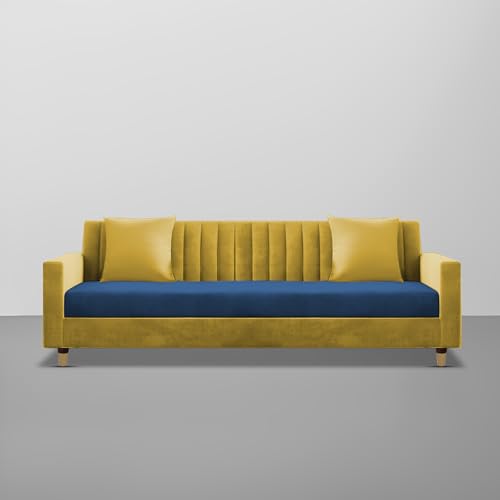 Image of Casaliving Garcia 3 Seater Sofa Set for Living Room (Blue Yellow Colour) Premium Fabric Sofa