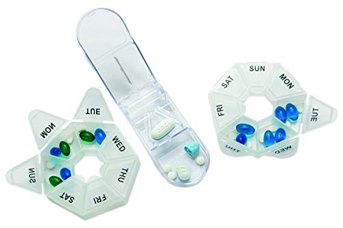 (2 Packs) Weekly Pill Container and Pill Cutter case for Medication Organizer- 7 Day Travel Pill sorter Vitamin, Large, Small Medication Dispenser with Cute Pill Splitter