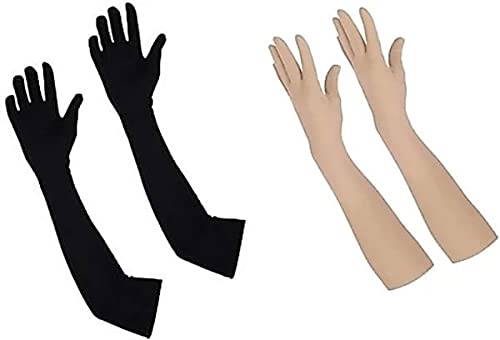 MSB SPORTS Pack of 2 Pair (Mix Colors) Cotton Full Arm Hand Sleeves Gloves For Summer. Cold, Winter, Dust & Sun Protective Full Hand Cotton Gloves for Men, Women and Girls (Black, and Skin Color)