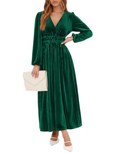 Sissyaki Women's Long Sleeve Velvet Dresses Fall Winter Long Dress Wedding Guest Party Maxi Dress BEmerald Green Medium
