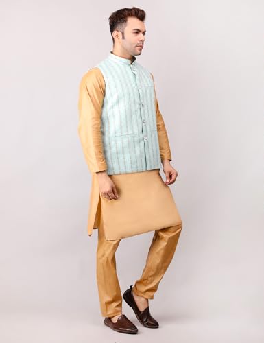Image of Men's Cotton Silk Blend Regular Kurta Pyjama, Embroidered Nehru Jacket /Waistcoat Set