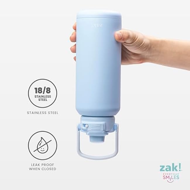 Zak Designs Beacon Straw Lid Water Bottle for Travel or At Home, 32oz Stainless Steel is Leak-Proof and Vacuum Insulated with Silicone Spout, Cover, Carry Handle, Protective Base (Provence Blue)