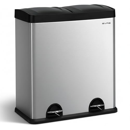 EVRE 60 Litre Stainless Steel Recycling Pedal Bin 2 x 30 L Compartments with Removable Inner Buckets and Handles for Waste Separation Recycling Trash Can (Silver)