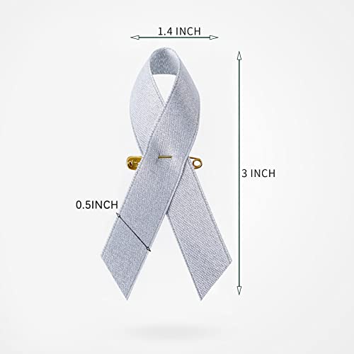 200 Pieces Sliver Satin Awareness Ribbons with Safety Pins 1.4 * 3 inch