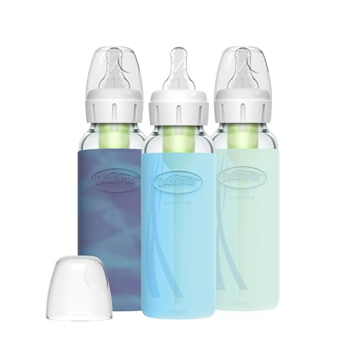 Image of Dr. Brown's Natural Flow Anti-Colic Options+ Narrow Glass Baby Bottle, 8 oz/250 mL, with Silicone Bottle Sleeve, 3 Pack, Glow/Blue/Mint