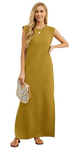 Image of GRECERELLE 2026 Women Year-Round Casual Round Neck Loose Split Wrinkle-Free Long Maxi Vacation Dress with Pockets (XXS-4XL)
