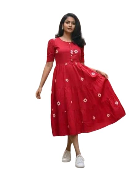 Image of Women's Red Cotton Midi Dress with White Diamond Print | Button-Front, Short Sleeves & Tiered Flare Design for Women Stylish |Dress One Piece Dress for Women
