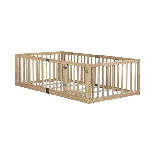 Image of Bellemave Twin Size Kids Montessori Floor Bed Frame with Door and Slats,Solid Wood Floor Bed Frame with Slats and High Fence for Kids,Girls,Boys,Natural
