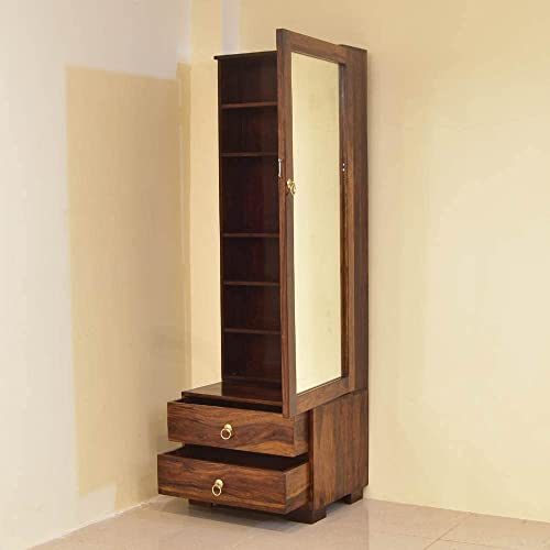 Image of Solid Wood Wooden Dressing Table For Bedroom With 2 Drawer, Mirror And Huge Storage Space | Long Dresser Table With Mirror | (Classic-Style-02) - Yellow