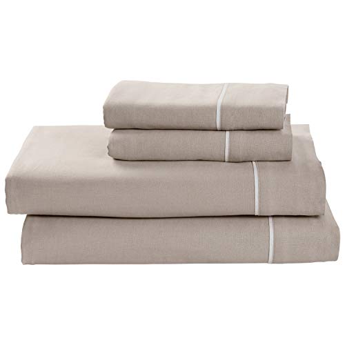 🔥 Amazon Brand – Rivet Contrast Hem Breathable Cotton Linen Bed Sheet Set, Full, Mushroom / White