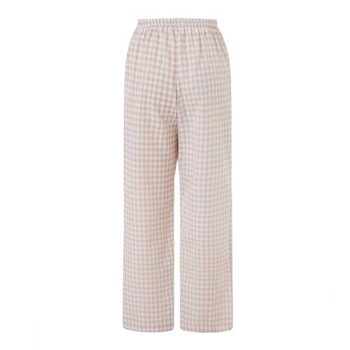 Women's Summer Casual Pants Plaid Drawstring High Waist Straight Leg Trousers4